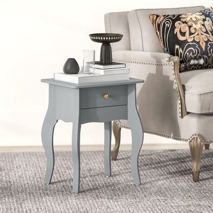End Table French Style Small Table with Drawer and Curved Legs, Grey