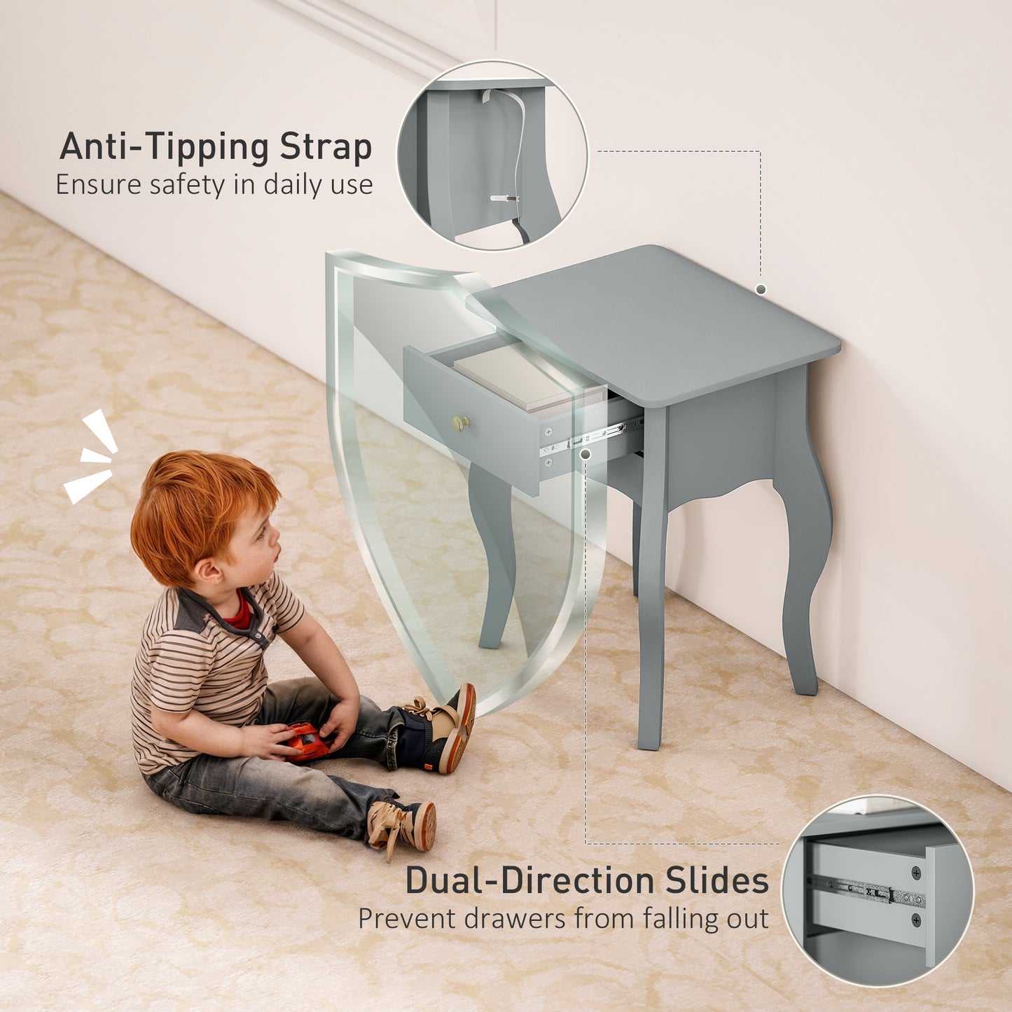 End Table French Style Small Table with Drawer and Curved Legs, Grey