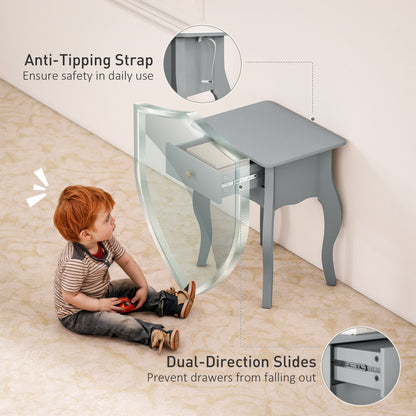 End Table French Style Small Table with Drawer and Curved Legs, Grey