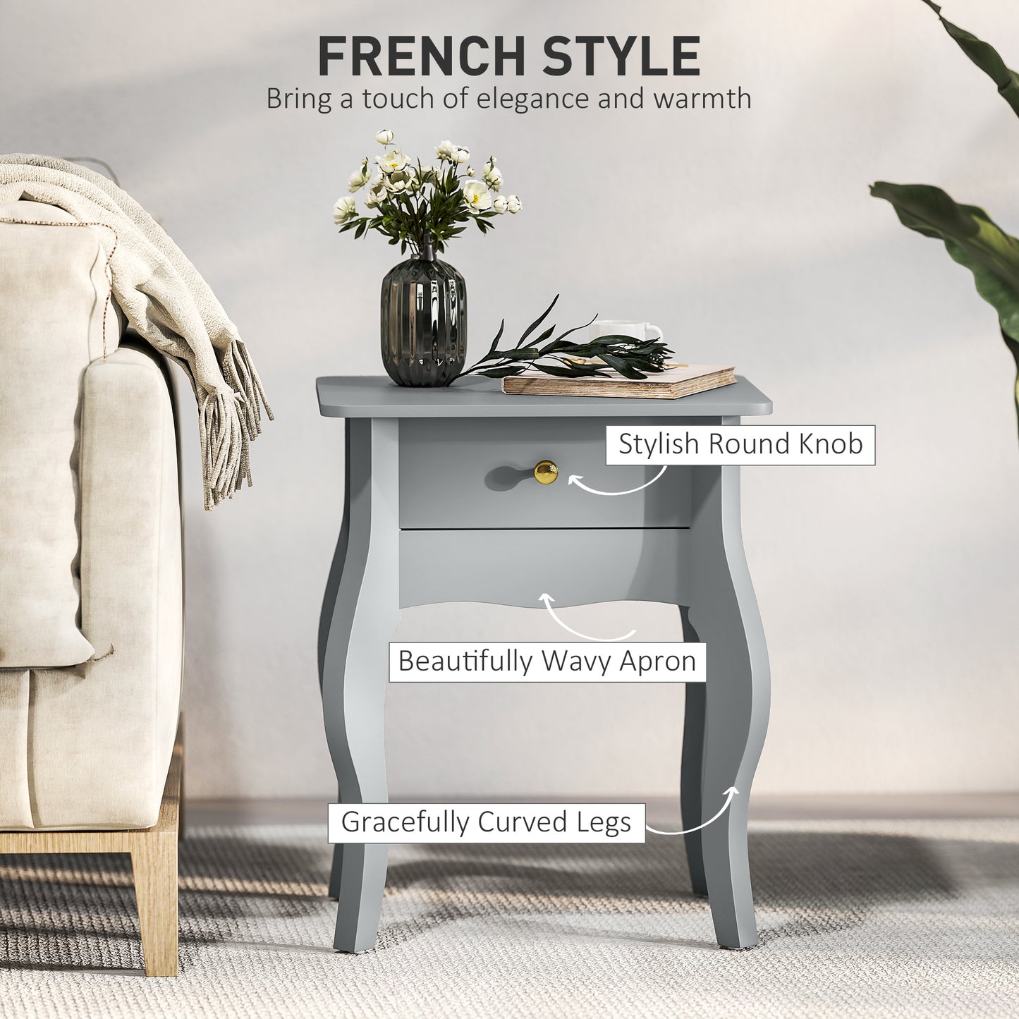 End Table French Style Small Table with Drawer and Curved Legs, Grey