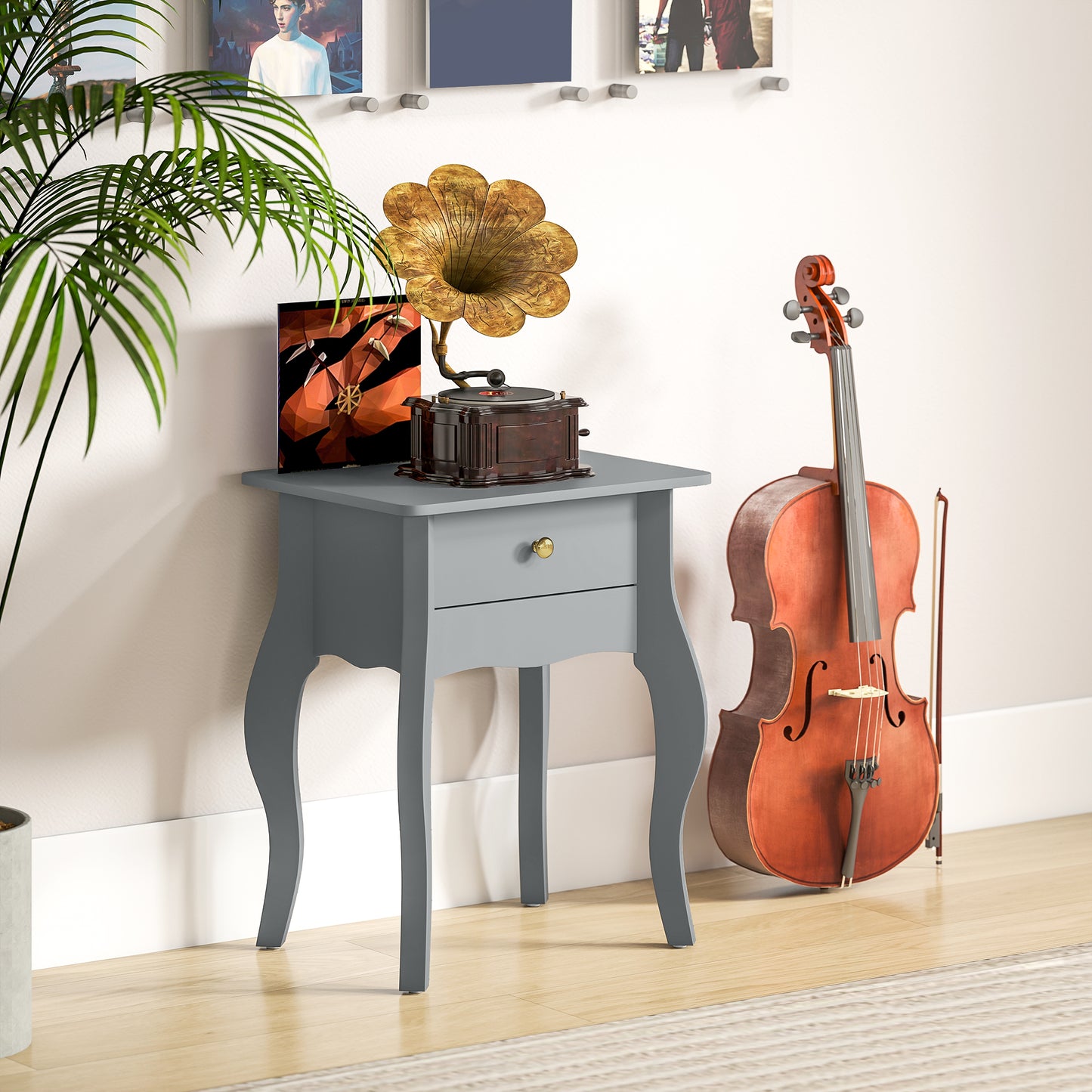 End Table French Style Small Table with Drawer and Curved Legs, Grey