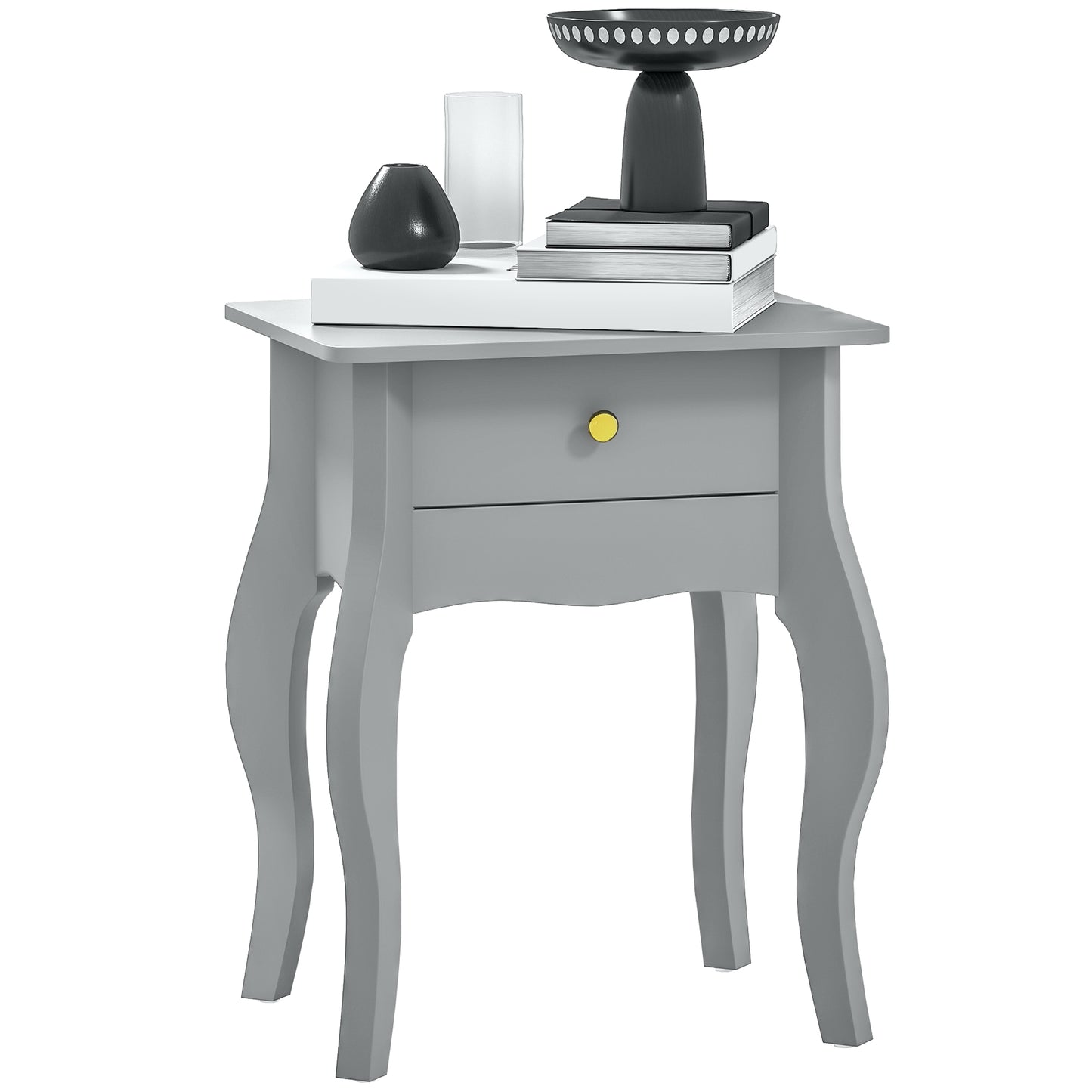 End Table French Style Small Table with Drawer and Curved Legs, Grey