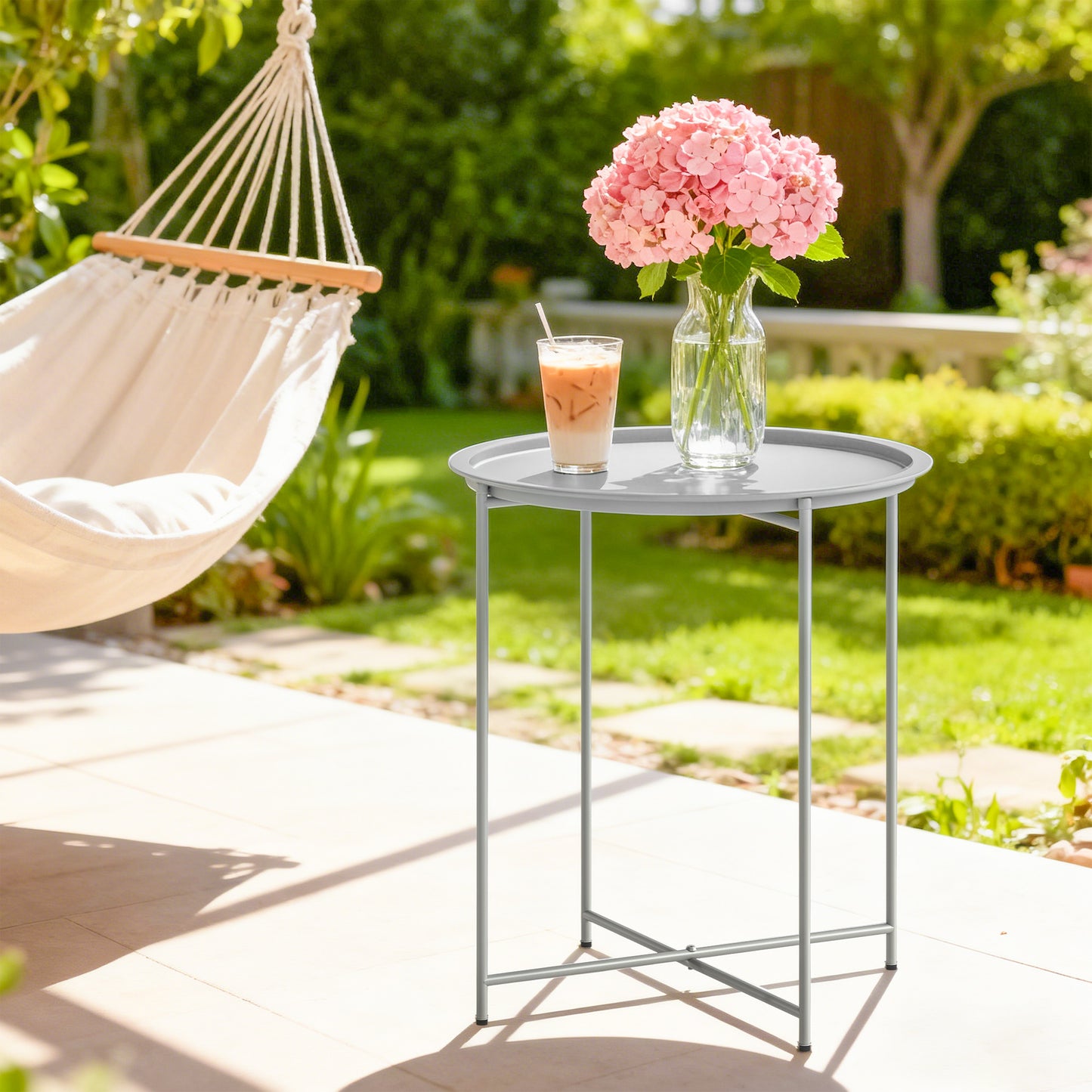 46cm Round Garden Table Side Table with Removable Tray, White