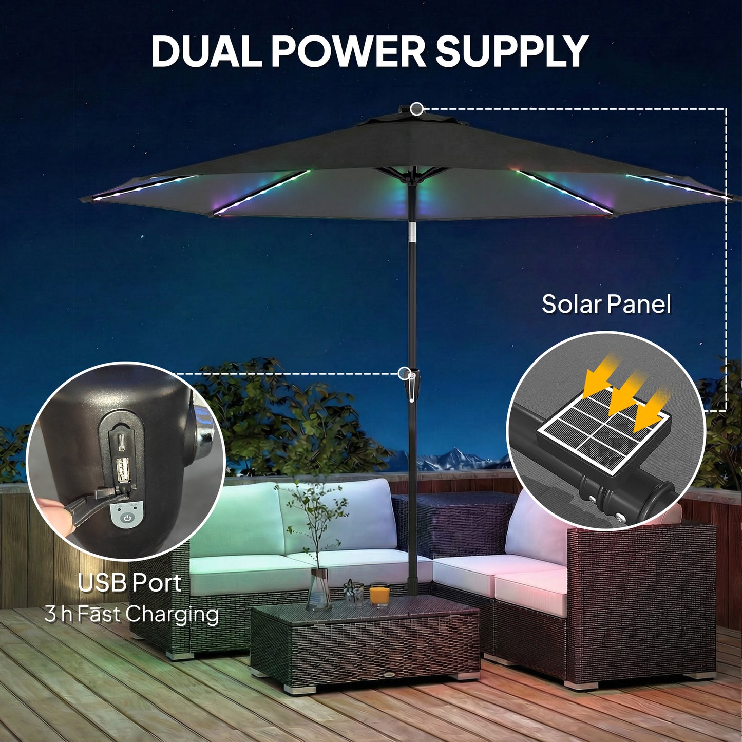 3 m Garden Parasol Umbrella with LED Lights, Patio Umbrella Grey