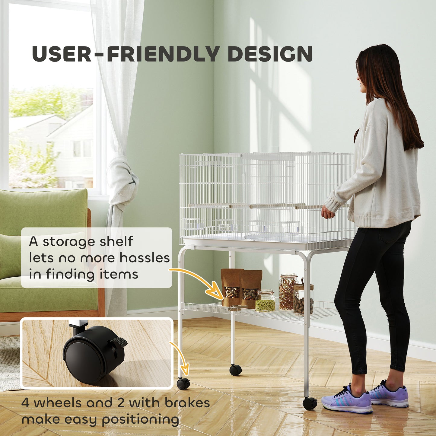 Bird Cage with Divider, 4 Wooden Perches, Slide Out Tray, White