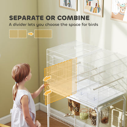 Bird Cage with Divider, 4 Wooden Perches, Slide Out Tray, White