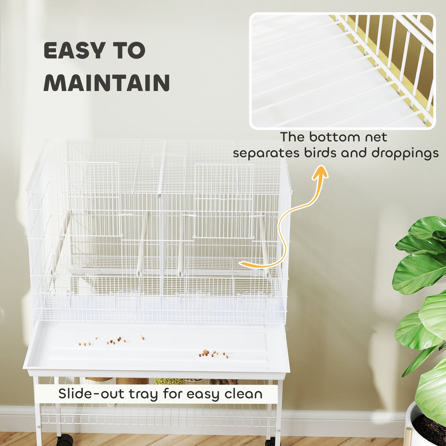 Bird Cage with Divider, 4 Wooden Perches, Slide Out Tray, White
