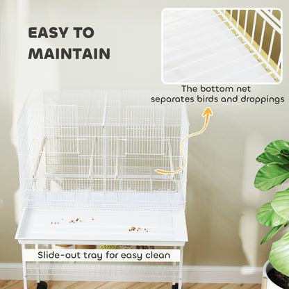 Bird Cage with Divider, 4 Wooden Perches, Slide Out Tray, White