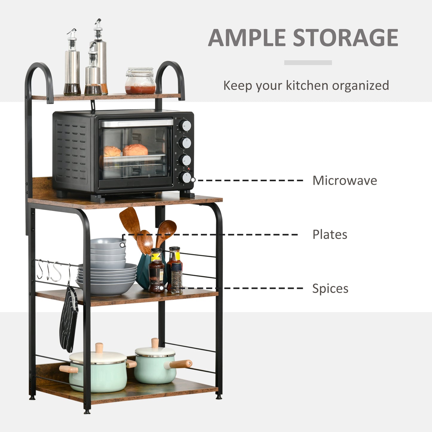 4-Tier Baker's Rack with Storage, Microwave Stand with 4 Hooks
