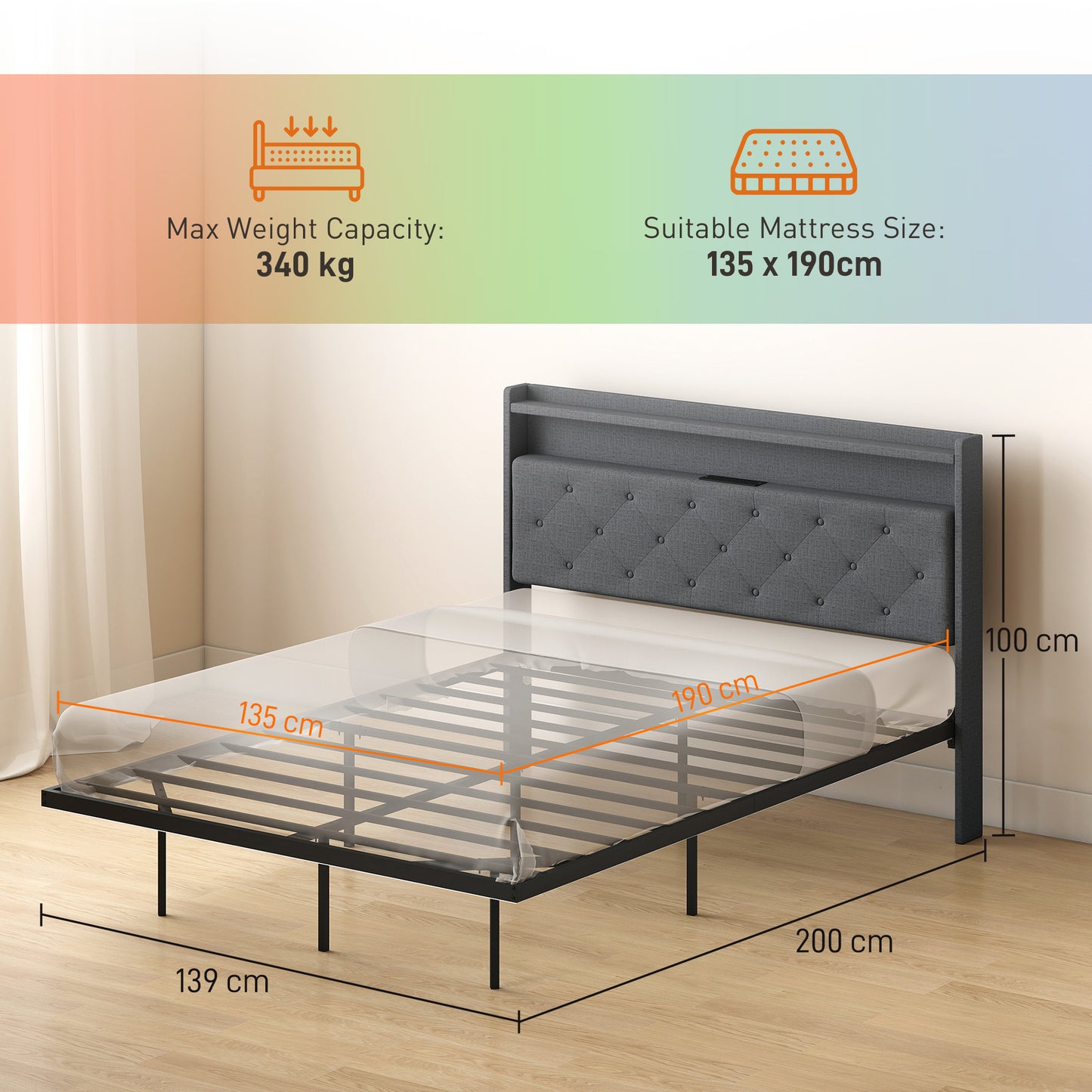 Floating Bed Frame with RGB Lights, Upholstered Double Size Bed, Grey