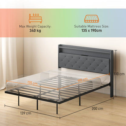 Floating Bed Frame with RGB Lights, Upholstered Double Size Bed, Grey