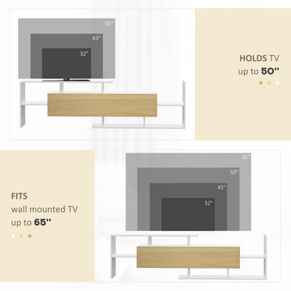 TV Cabinet Unit w/ Wall-Mounted Shelf, Open Shelves White and Natural
