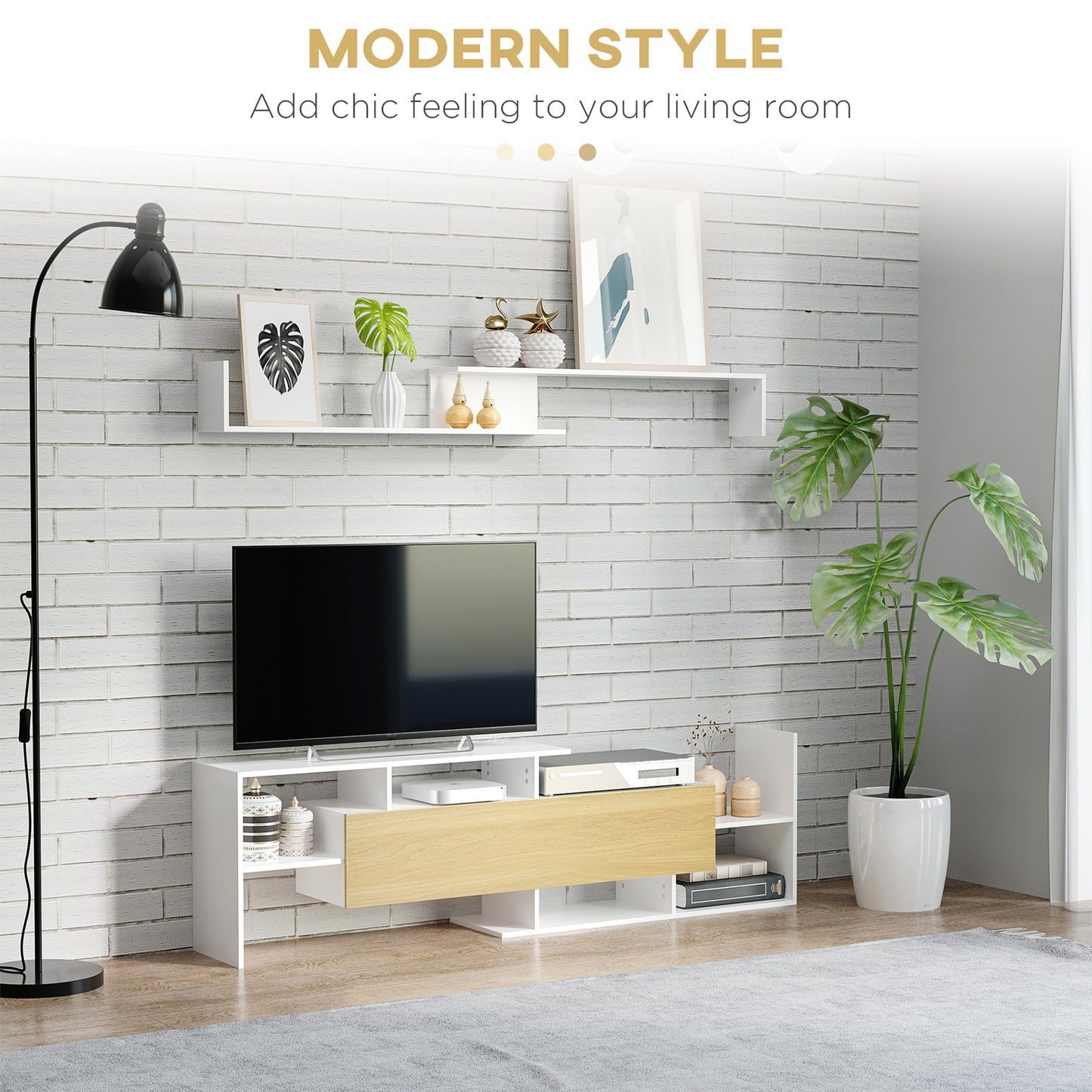 TV Cabinet Unit w/ Wall-Mounted Shelf, Open Shelves White and Natural