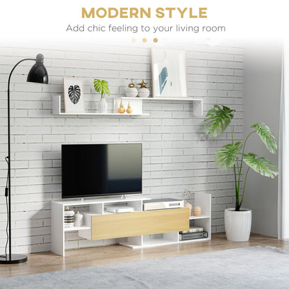 TV Cabinet Unit w/ Wall-Mounted Shelf, Open Shelves White and Natural