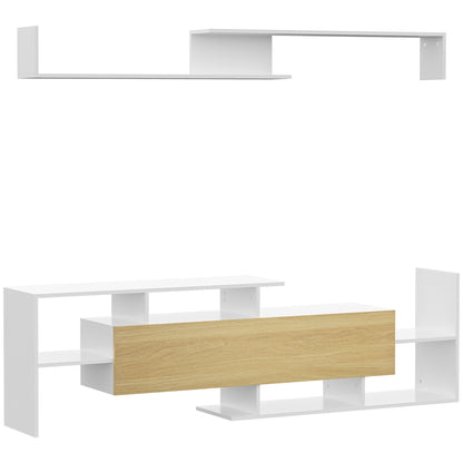 TV Cabinet Unit w/ Wall-Mounted Shelf, Open Shelves White and Natural