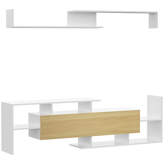 TV Cabinet Unit w/ Wall-Mounted Shelf, Open Shelves White and Natural