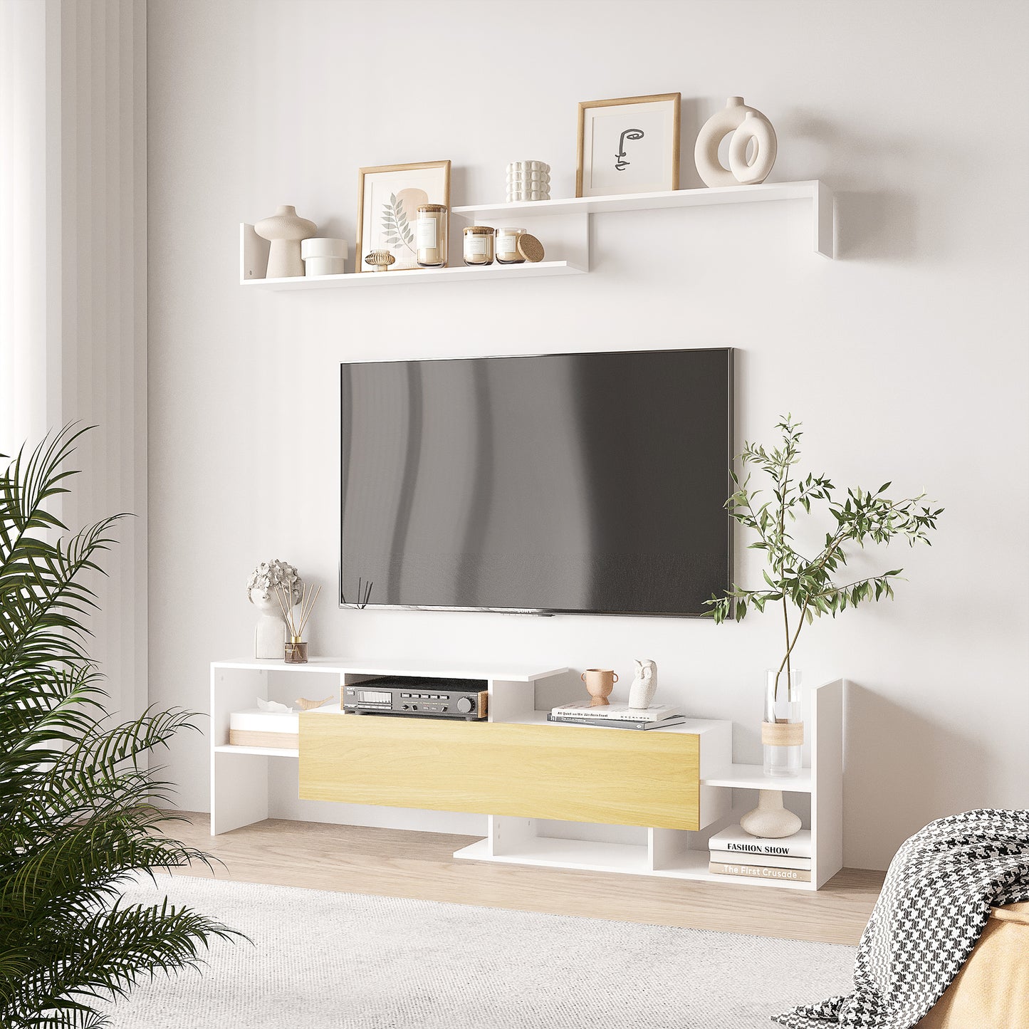 TV Cabinet Unit w/ Wall-Mounted Shelf, Open Shelves White and Natural