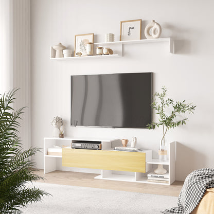 TV Cabinet Unit w/ Wall-Mounted Shelf, Open Shelves White and Natural