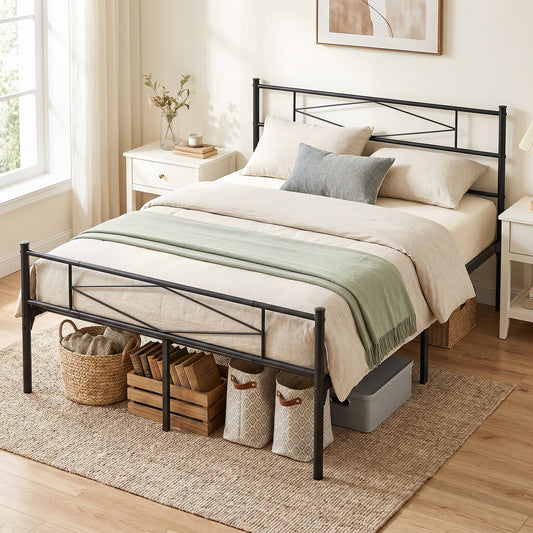 4ft6 Double Bed Frame with Headboard and Footboard, Metal Platform Bed Frame with 32 cm Underbed Storage, Steel Slat Support, Noise-Free, No Box Spring Needed, Easy Assembly, Black