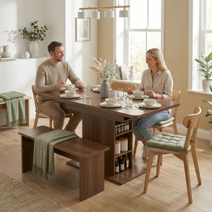 Extendable Dining Table for 4-6 People, 110-130cm Kitchen Table with 6 Open Shelves, Storage Compartment for Home, Living Room, Small Spaces, Walnut Brown