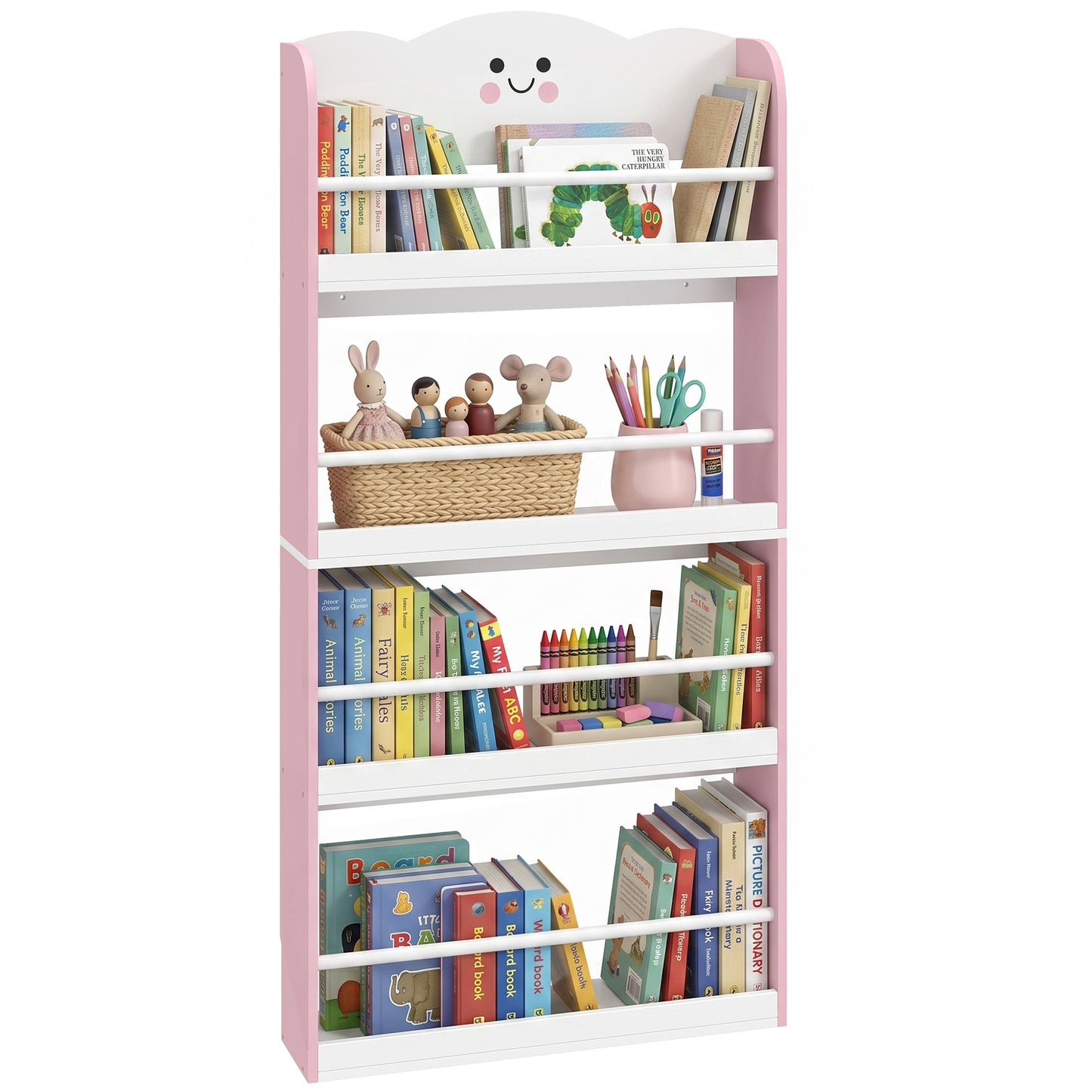 4 Tier Kids Bookshelf, Wall-Mounted Children Bookcase, Cotton Candy Theme Toddler Space-Saving Bookcase for Living Room, Kids Room, Playroom, Pink