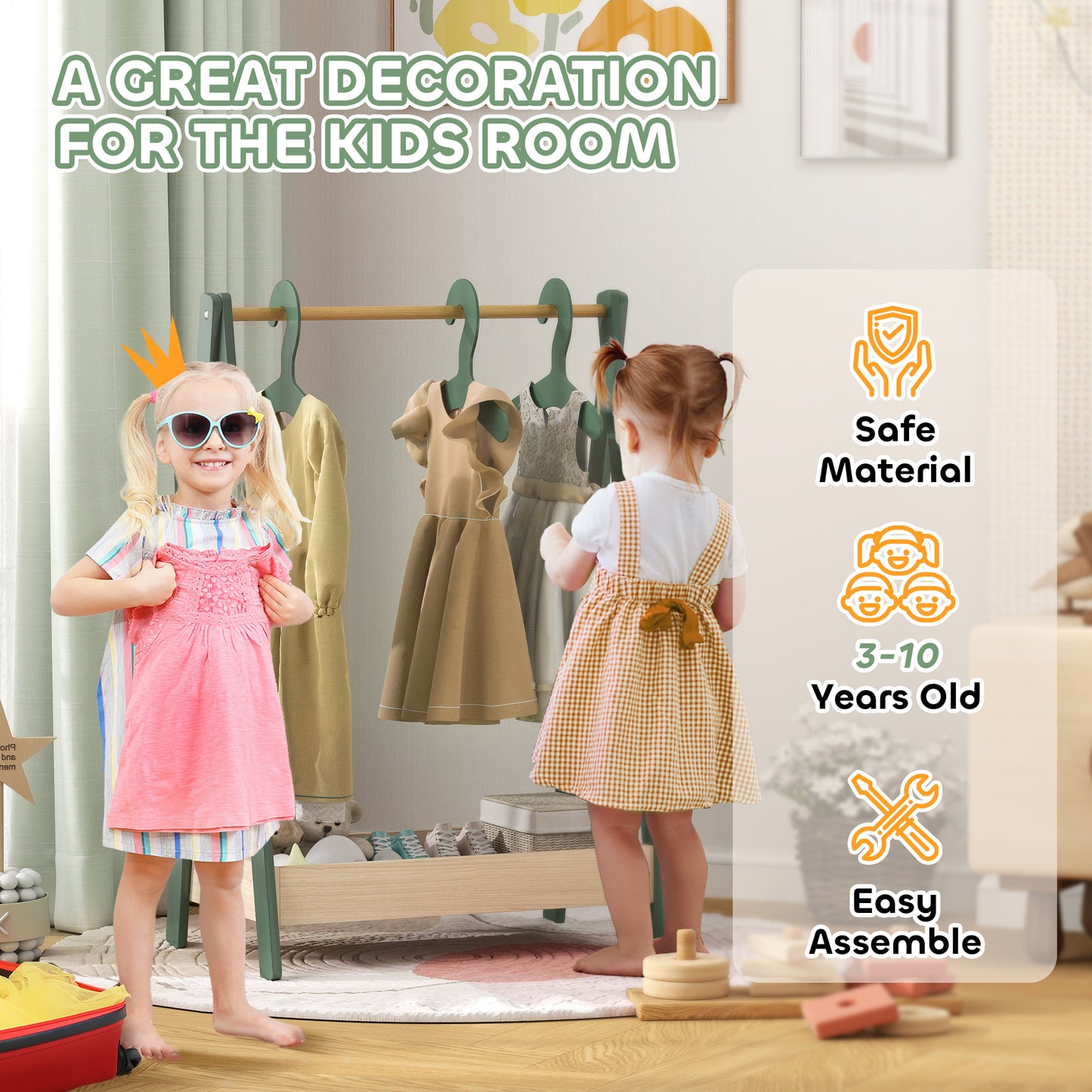 Kids Clothes Rail with Hangers, Base Shelf for Girls, Boys, Green