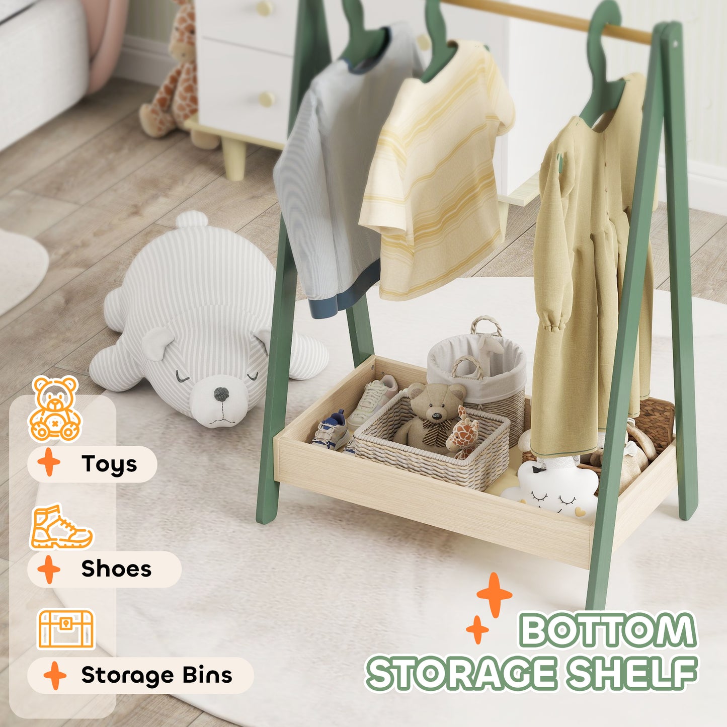 Kids Clothes Rail with Hangers, Base Shelf for Girls, Boys, Green