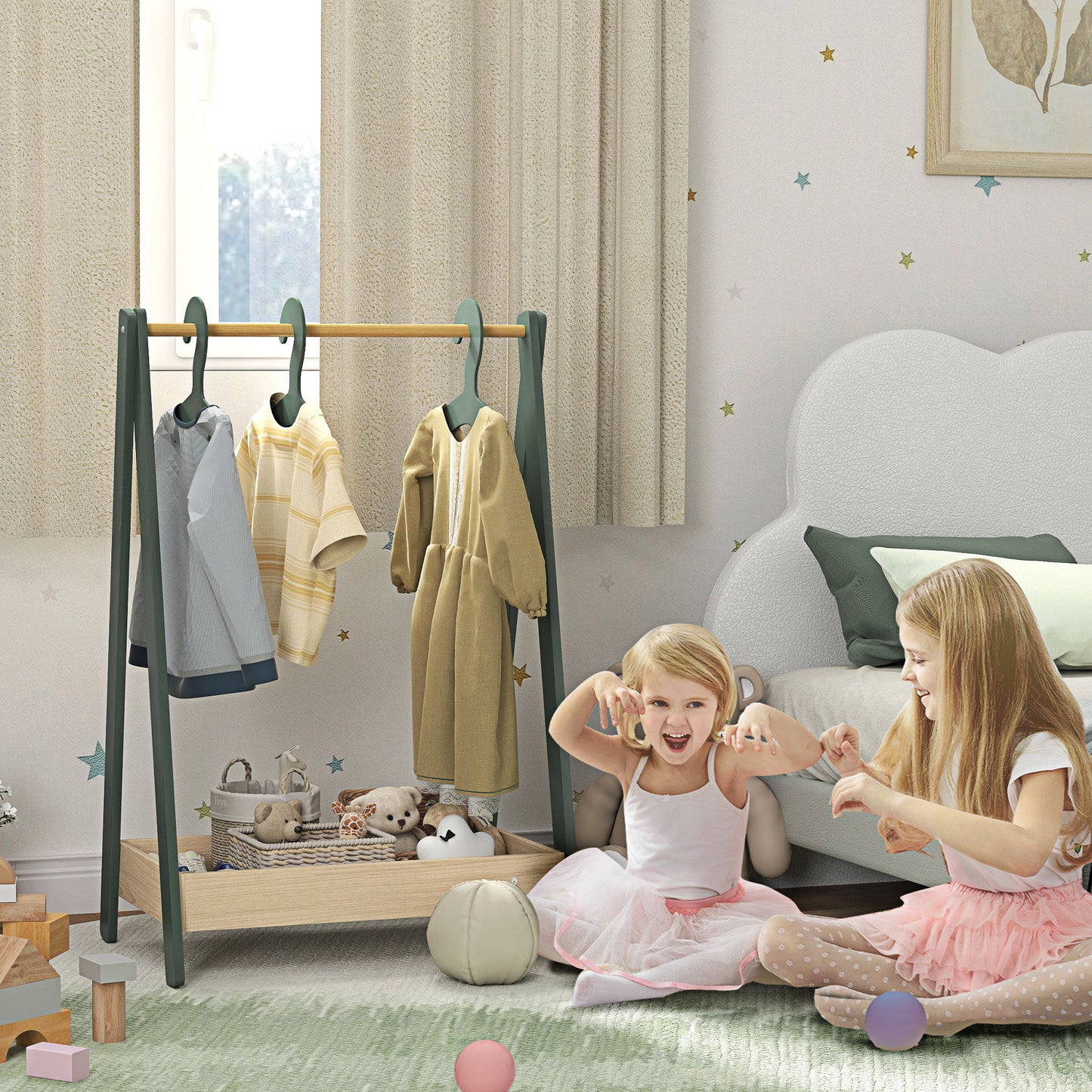 Kids Clothes Rail with Hangers, Base Shelf for Girls, Boys, Green