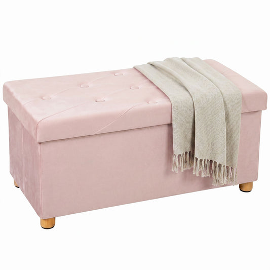 Velvet Upholstered Foldable Ottoman Footrest with Wood Legs, Pink