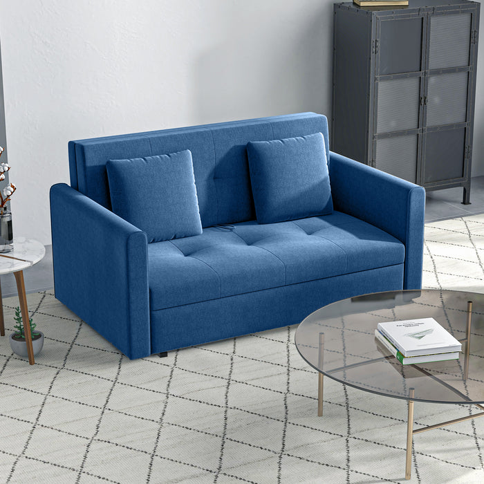 2 Seater Sofa Bed, Convertible Bed Settee, Modern Fabric Loveseat Sofa Couch w/ Cushions, Hidden Storage for Guest Room, Blue