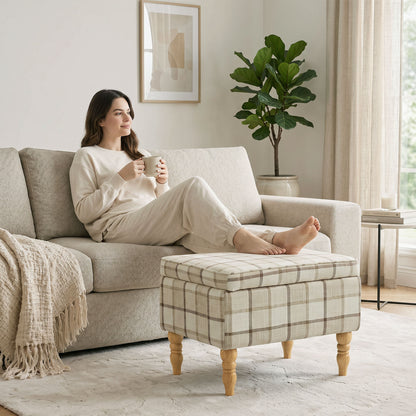 Rectangular Storage Stool, Linen-Look Fabric Upholstered Footstool with Removable Top, Padded Seat and Hidden Space for Living Room, Bedroom, Brown