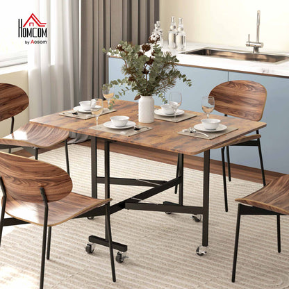 Mobile Drop Leaf Table, Folding Kitchen Table with 6 Wheels, Brown