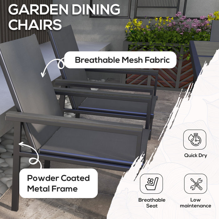 7 Pieces Garden Dining Set w/ Glass Top Dining Table, Outdoor Table and 6 Armchairs w/ Breathable Mesh Fabric Seats and Backrest