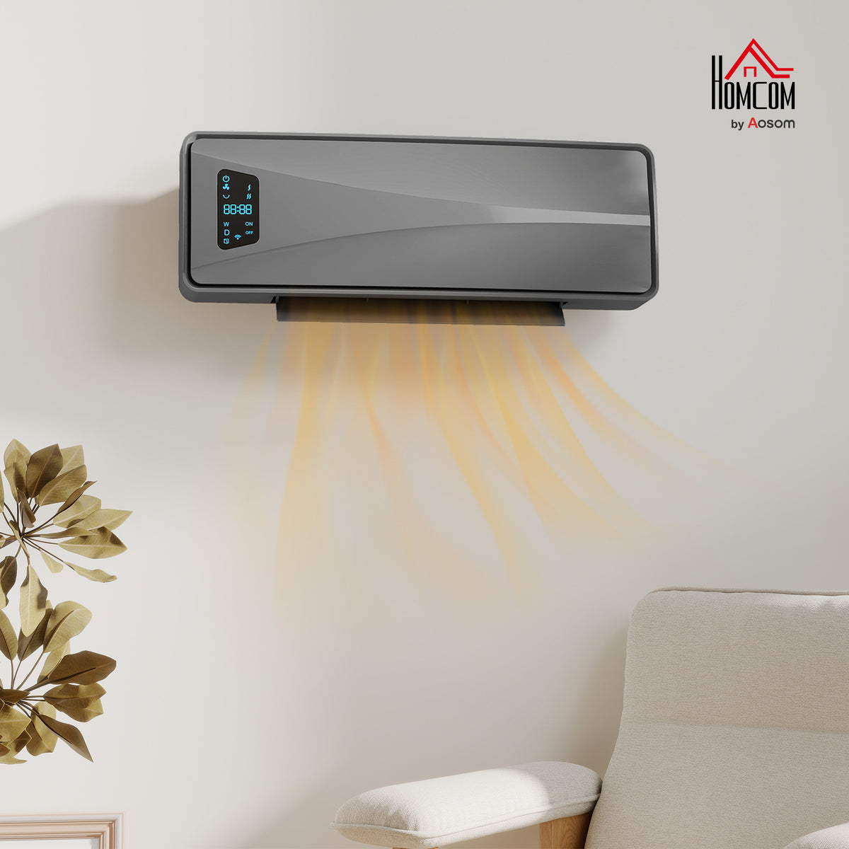 2000W Ceramic Electric Heater with Fan, Wall Heater, Grey