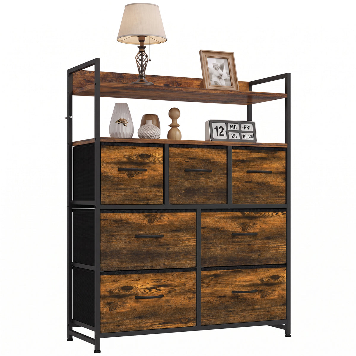 7-Drawer Fabric Chest with 2 Shelves and Steel Frame - Rustic Brown