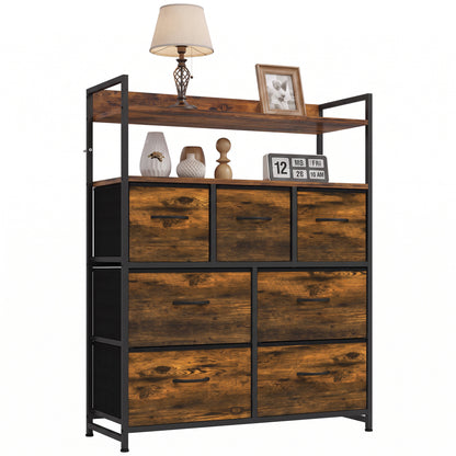 7-Drawer Fabric Chest with 2 Shelves and Steel Frame - Rustic Brown