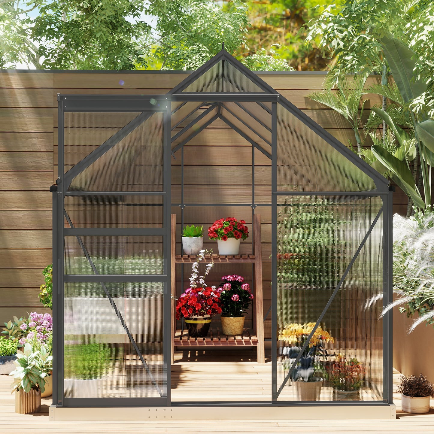 6 x 8ft Polycarbonate Greenhouse, Large Walk-In Greenhouse with Adjustable Roof Vent, Garden Green House with Galvanised Base, Sliding Door and Rain Gutter, Dark Grey