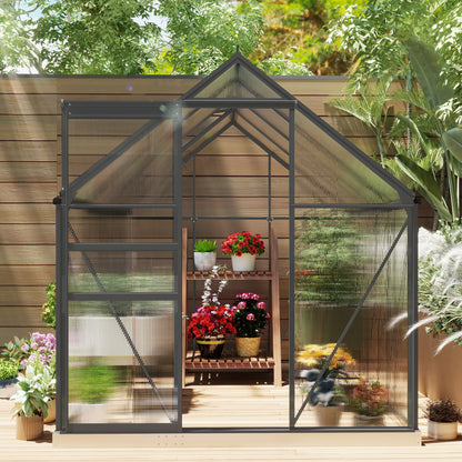 6 x 8ft Polycarbonate Greenhouse, Large Walk-In Greenhouse with Adjustable Roof Vent, Garden Green House with Galvanised Base, Sliding Door and Rain Gutter, Dark Grey