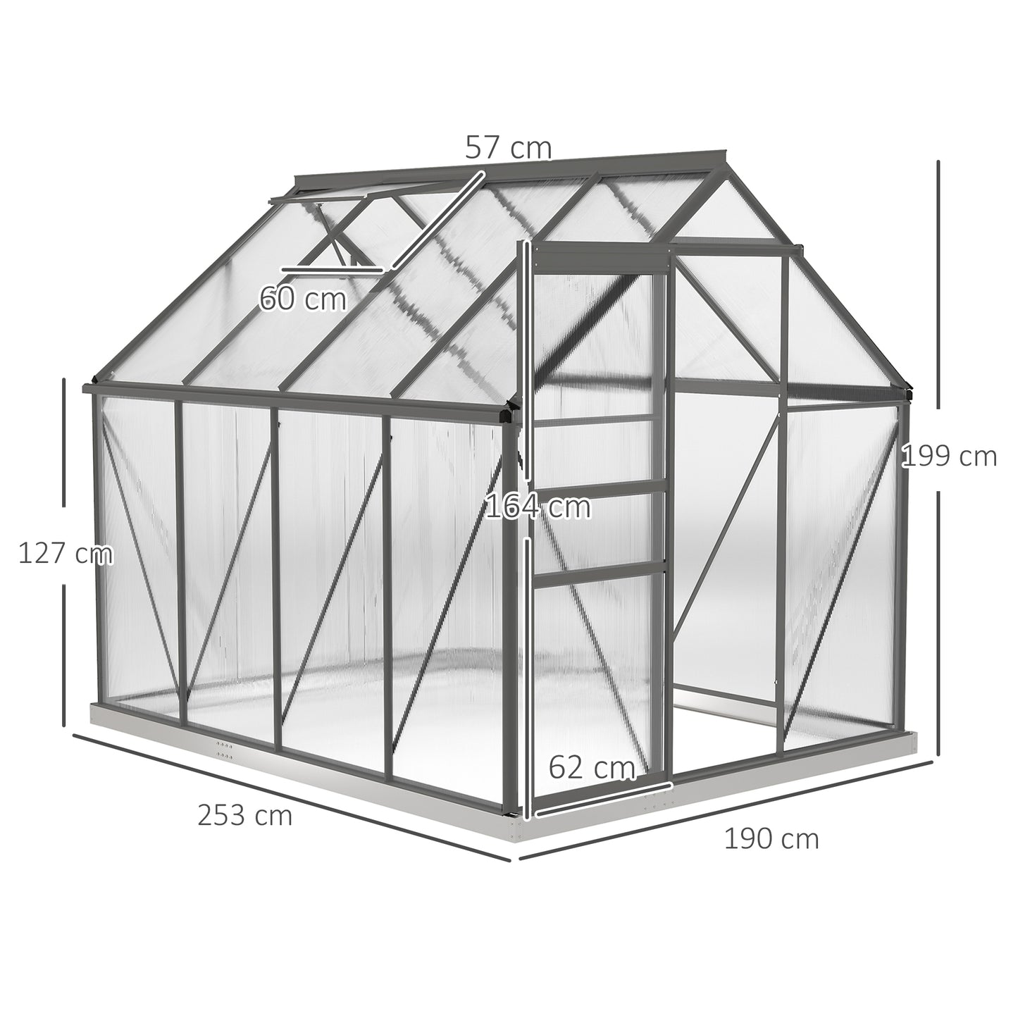 6 x 8ft Polycarbonate Greenhouse, Large Walk-In Greenhouse with Adjustable Roof Vent, Garden Green House with Galvanised Base, Sliding Door and Rain Gutter, Dark Grey