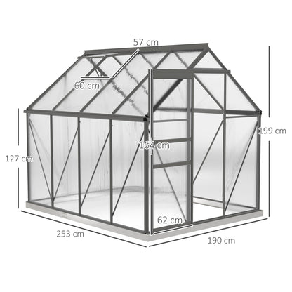 6 x 8ft Polycarbonate Greenhouse, Large Walk-In Greenhouse with Adjustable Roof Vent, Garden Green House with Galvanised Base, Sliding Door and Rain Gutter, Dark Grey