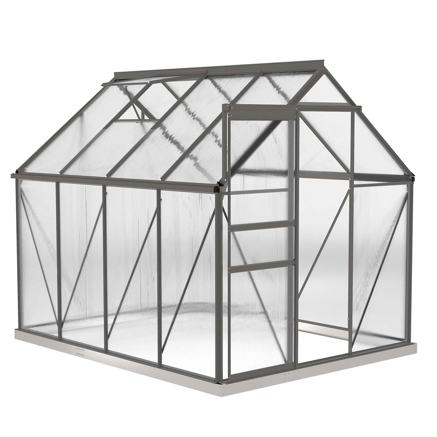 6 x 8ft Polycarbonate Greenhouse, Large Walk-In Greenhouse with Adjustable Roof Vent, Garden Green House with Galvanised Base, Sliding Door and Rain Gutter, Dark Grey