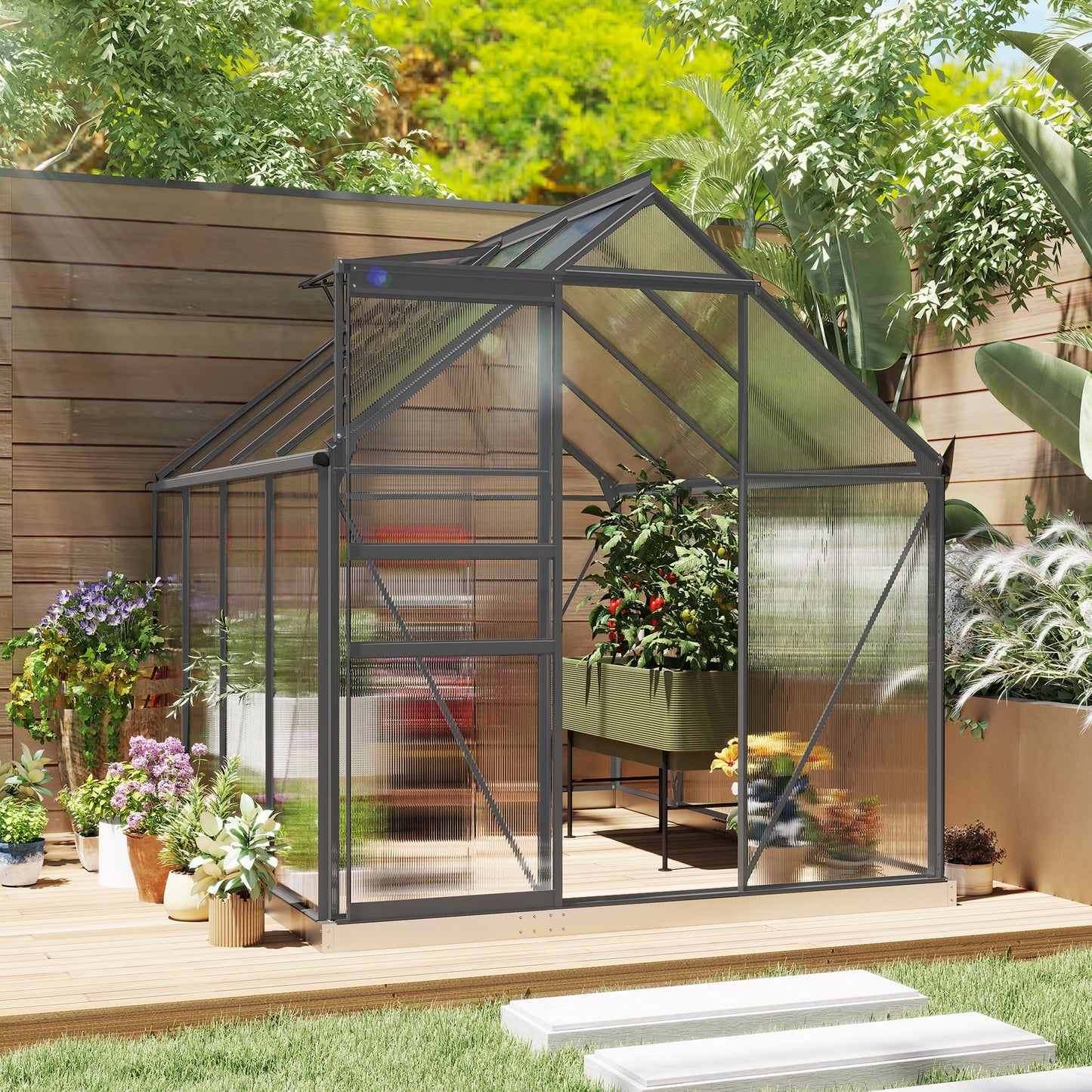 6 x 8ft Polycarbonate Greenhouse, Large Walk-In Greenhouse with Adjustable Roof Vent, Garden Green House with Galvanised Base, Sliding Door and Rain Gutter, Dark Grey