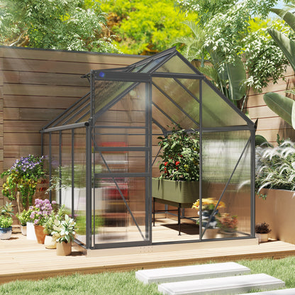 6 x 8ft Polycarbonate Greenhouse, Large Walk-In Greenhouse with Adjustable Roof Vent, Garden Green House with Galvanised Base, Sliding Door and Rain Gutter, Dark Grey