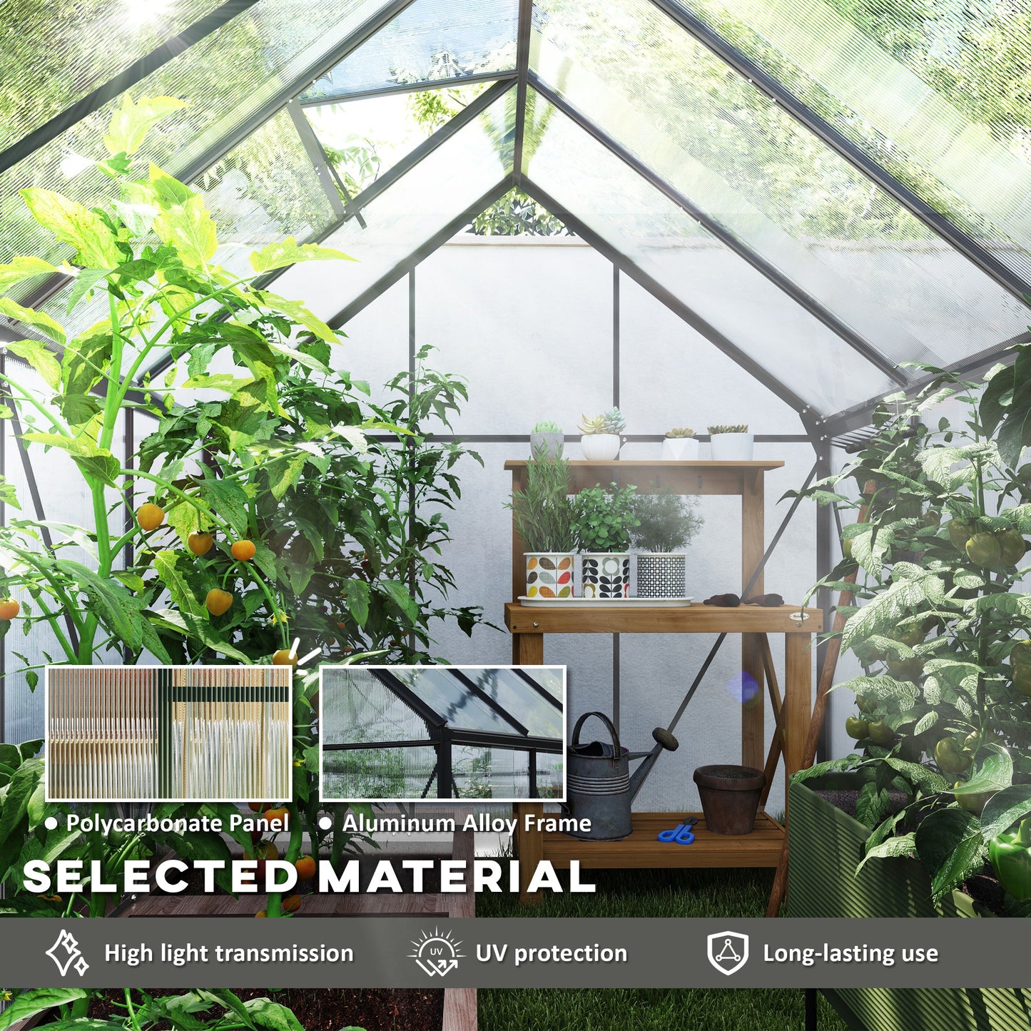 6 x 8ft Polycarbonate Greenhouse, Large Walk-In Greenhouse with Adjustable Roof Vent, Garden Green House with Galvanised Base, Sliding Door and Rain Gutter, Dark Grey