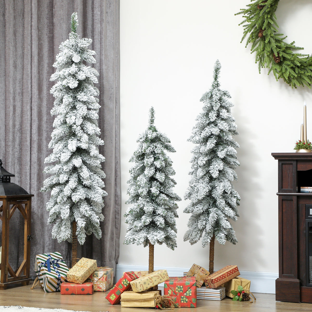 Set of 3 Flocked Christmas Tree, Pencil Downswept Xmas Tree