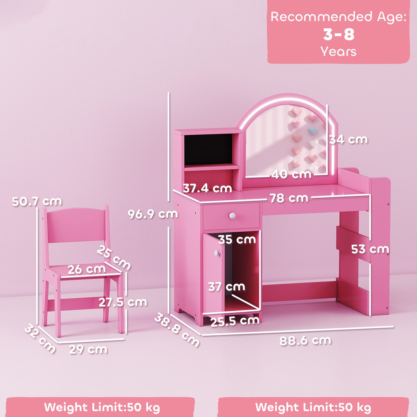 Girls Dressing Table with 2-Colour LED Mirror and Stool, Pink