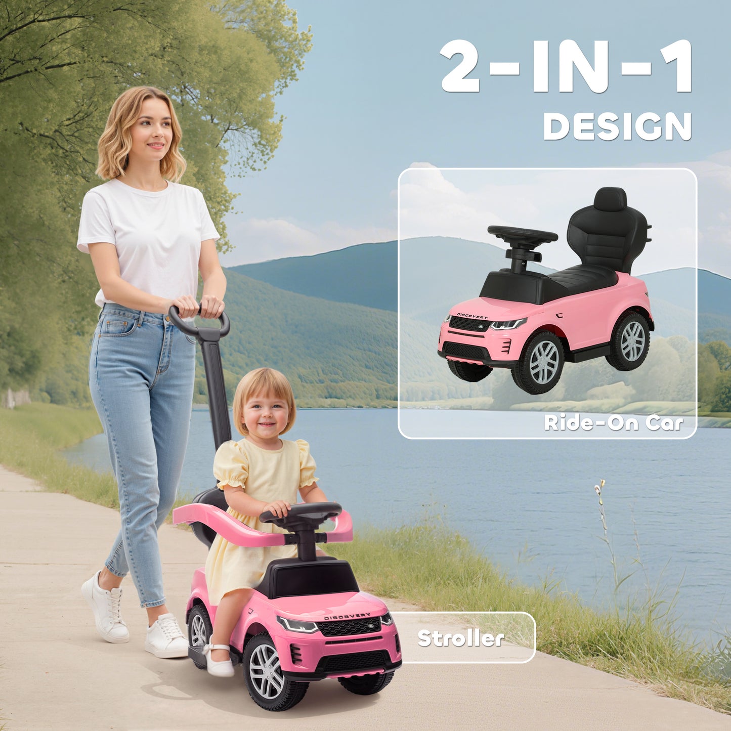 Land Rover Licensed Baby Push Car, 2-in-1 Ride on Car, Pink