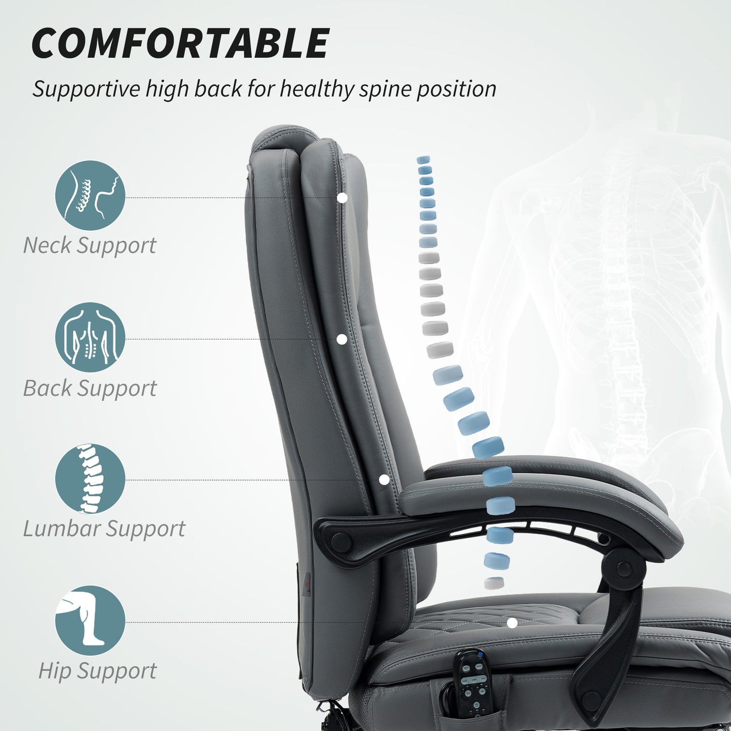 PU Leather Massage Office Chair, Reclining Desk Chair, Grey