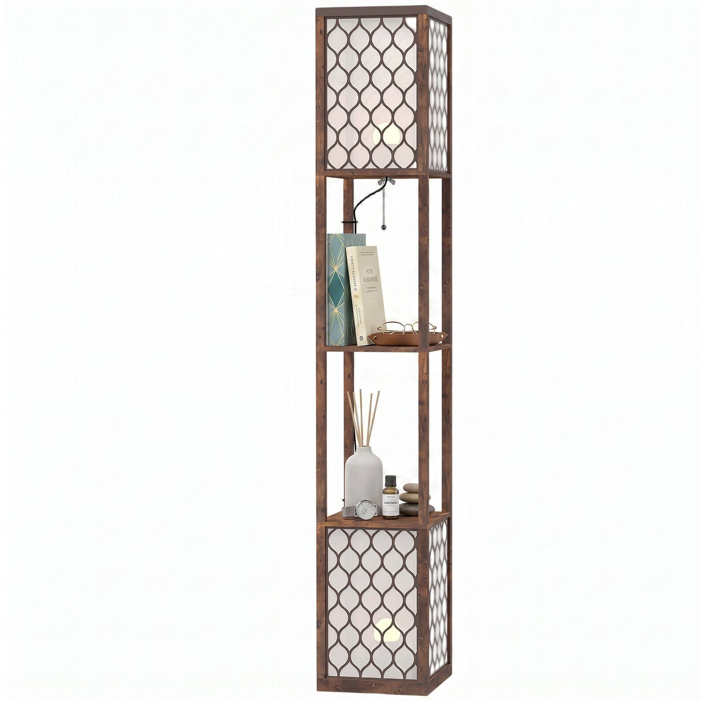 2-Light Modern Floor Lamp with Shelves for Bedroom, Rustic Brown