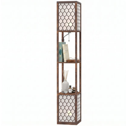 2-Light Modern Floor Lamp with Shelves for Bedroom, Rustic Brown